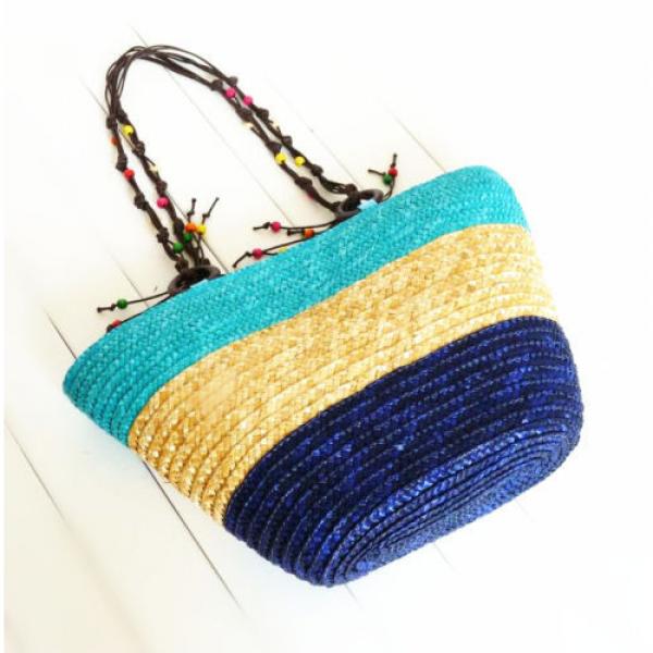 Woman Large Blue Summer Beach Shoulder Bag w/ Shoulder Straps Straw Tote Bag #2 image