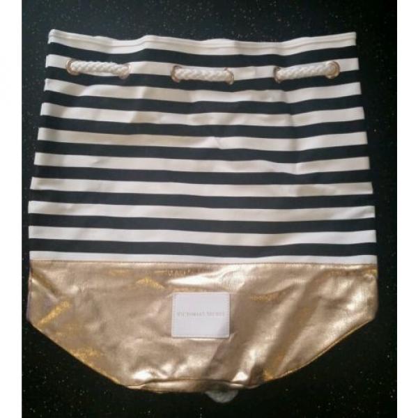 New Pink Victoria&#039;s Secret Striped Beach Bag Backpack White with Gold #2 image