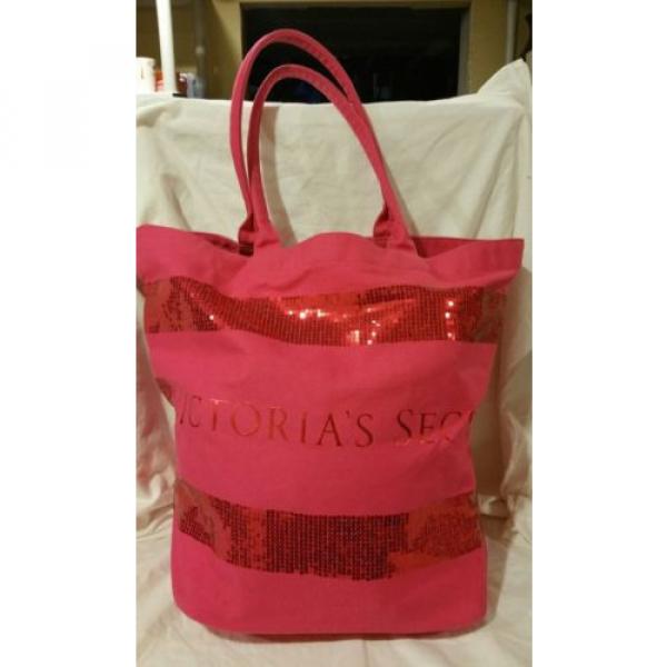 VICTORIA&#039;S SECRET HOT PINK CANVAS BLING SEQUIN BEACH BAG /WEEKEND GET AWAY TOTE #2 image