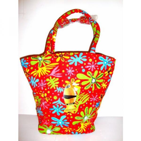 LQQK Beautiful GOLDEN SANDS Sequin Flowers Canvas Beach Tote Shopping Bag Red #1 image