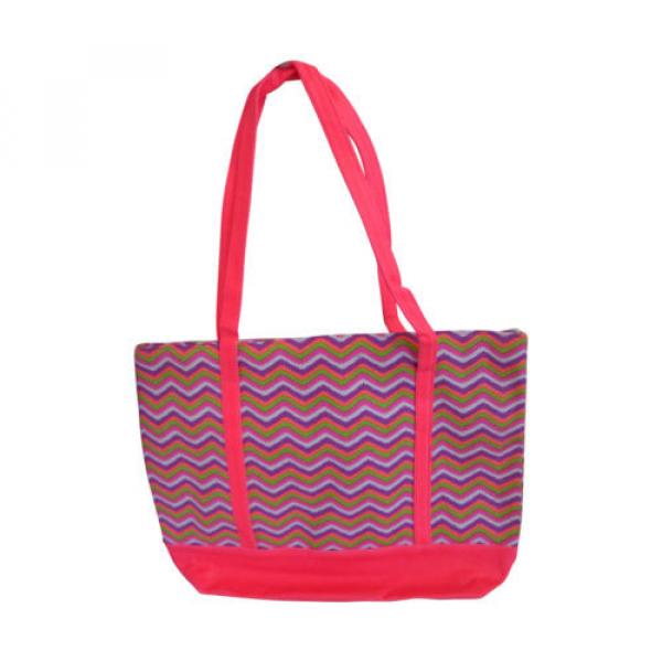 Canvas Beach Bag with Pink Chevron Print, Plastic Liner and Zipper Closure #1 image