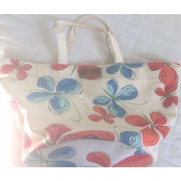 KATE SPADE New York Ivory Canvas w Blue&amp; Orange Butterflies Lg Tote Beach Bag #2 image