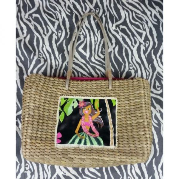 Xhilaration Corn Husk Woven Tote Pink Hula Girl Beaded Flower Beach Pool Bag #1 image