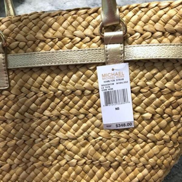 NWT Michael Kors MK Hamilton Straw Husk Beach Bag Large Tote Purse Gold Leather #2 image