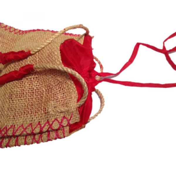 Natural jute beach bag with red silk lining with pull string for closing #4 image