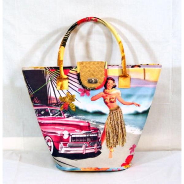 Straw Beach Tote Bag Hula Girl Vintage Car Beadwork Accents Purse Handbag Large #1 image