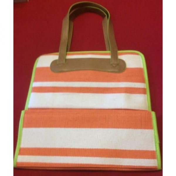 Neiman Marcus Tote Camp Stripe Woven Beach Bag White Orange Lined Satchel Case #1 image