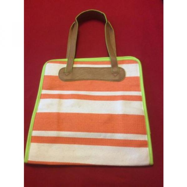 Neiman Marcus Tote Camp Stripe Woven Beach Bag White Orange Lined Satchel Case #2 image