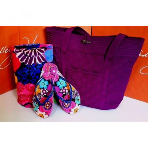 VERA BRADLEY ~~Floral Fiesta Beach Towel, Flip Flops w/Vera Bag in Plum **NWT** #1 image