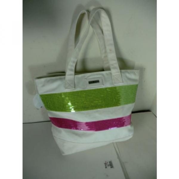 Julie Brown Cream Canvas Green Pink Sequin Beach Tote Bag NWOT $109.00 #2 image