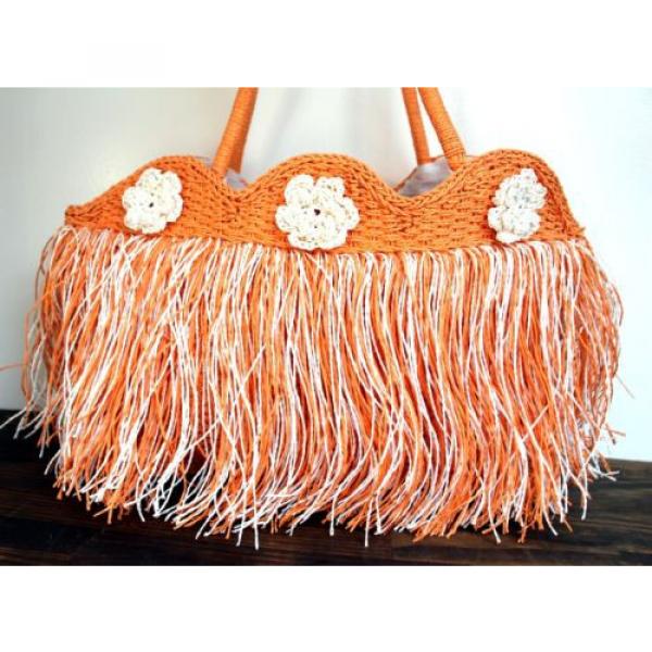 LARGE ORANGE WHITE FRINGE PAPER STRAW BEACH SHOPPER TOTE SHOULDER BAG HANDBAG #1 image