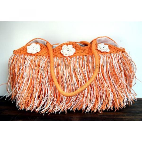 LARGE ORANGE WHITE FRINGE PAPER STRAW BEACH SHOPPER TOTE SHOULDER BAG HANDBAG #2 image