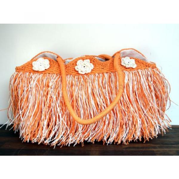 LARGE ORANGE WHITE FRINGE PAPER STRAW BEACH SHOPPER TOTE SHOULDER BAG HANDBAG #3 image