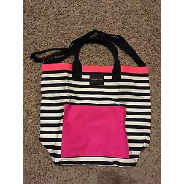 Victoria&#039;s Secret Black &amp; Pink Striped Canvas Tote Beach Gym Bag Large #1 image