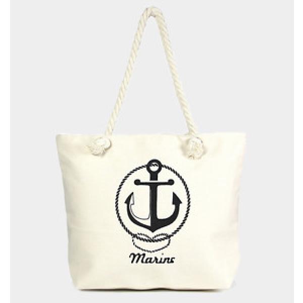 New Beige &amp; Black Anchor Print Beach Bag With Zip Top Closure &amp; Rope Handle #1 image