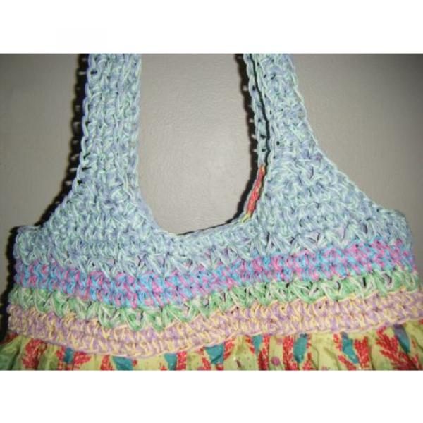 BLUE MIAMI Large BAG Unique Yarn Knit Fabric Boho Hippie Purse Tote Floral Beach #3 image