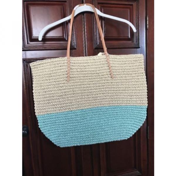 Merona Leather Straw Beach Tote Bag Purse Natural Aqua Color Block NWOT #1 image