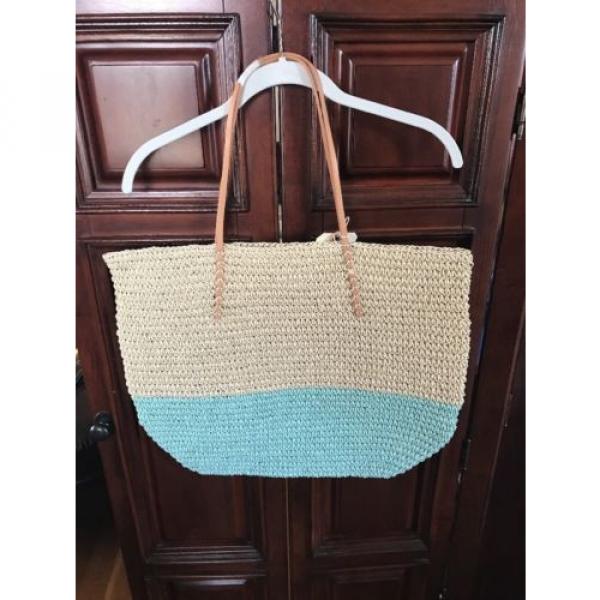 Merona Leather Straw Beach Tote Bag Purse Natural Aqua Color Block NWOT #4 image