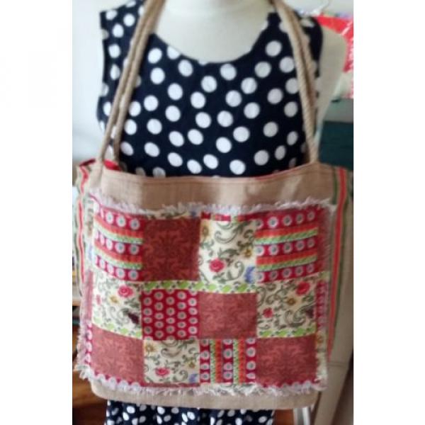 NWOT Large Kate McRostie beach vacation patchwork burlap fabric tote purse bag #3 image