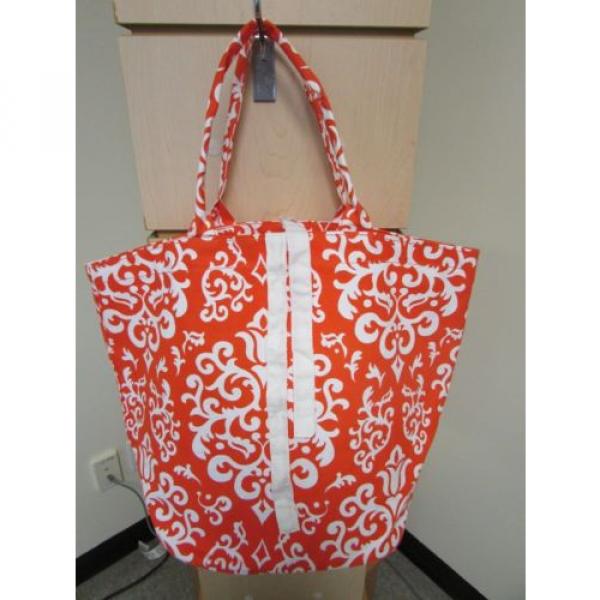 Womens BuckHead Betties Orange White Damask Print Canvas Beach Shopping Tote Bag #2 image