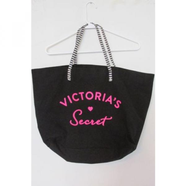 Victoria&#039;s Secret Black~Pink~White Striped Large Canvas Tote/Beach/Hand Bag #1 image