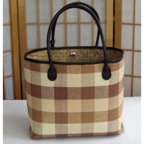 Womens Large Checked Straw Tote Beach Hand-Bag w/Faux Leather Strap Change Purse #2 image