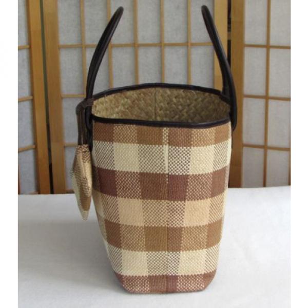 Womens Large Checked Straw Tote Beach Hand-Bag w/Faux Leather Strap Change Purse #3 image