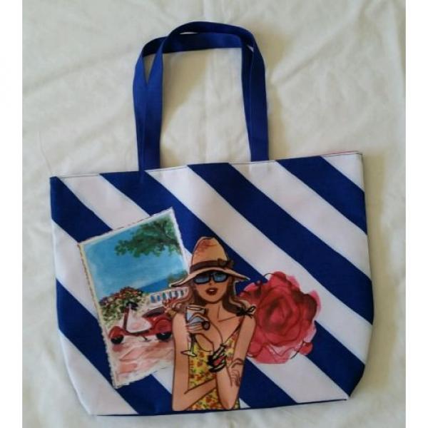 Lancome Paris Beach Tote Bag, Blue &amp; White Striped Canvas W/Vespa, Girl Design #1 image