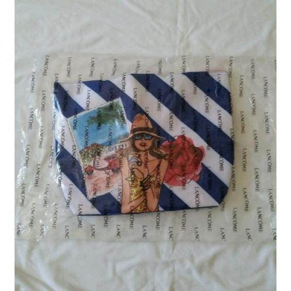 Lancome Paris Beach Tote Bag, Blue &amp; White Striped Canvas W/Vespa, Girl Design #3 image