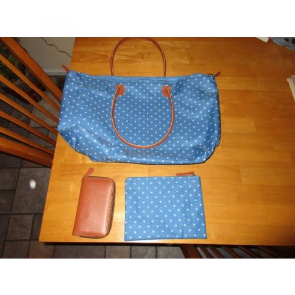 New Travel Make Up Beach Bag 3 Piece Set Blue w/ White Polka Dots #1 image