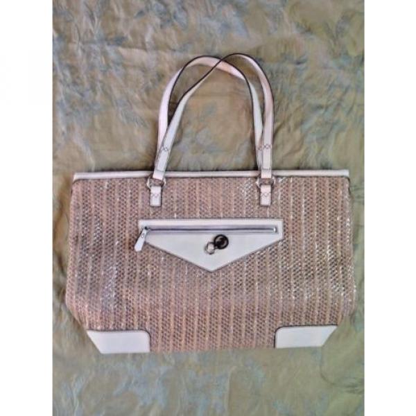 Juicy Couture Fancy Beach Tote Metallic Silver Straw &amp; White Leather Bag Purse #2 image