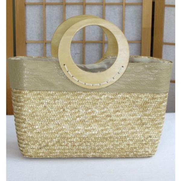 Womens Bijoux Terner Large Natural Wheat Straw Tote Beach Bag Handbag Wood Handl #1 image