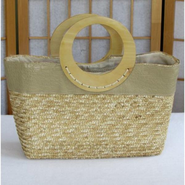 Womens Bijoux Terner Large Natural Wheat Straw Tote Beach Bag Handbag Wood Handl #2 image