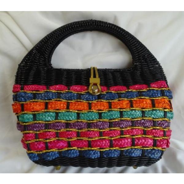 RATTAN MULTI-COLOR HANDBAG BEACH BAG Hot Pink Orange Green Lav Blue Black w/FEET #1 image