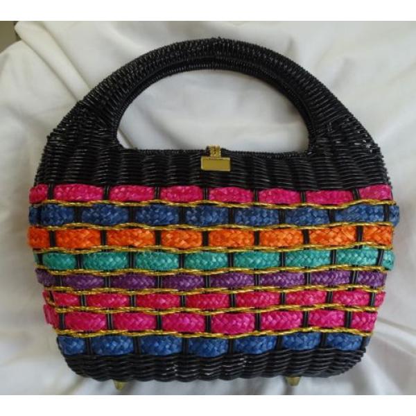 RATTAN MULTI-COLOR HANDBAG BEACH BAG Hot Pink Orange Green Lav Blue Black w/FEET #2 image