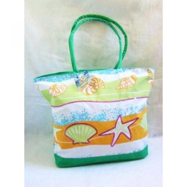 New Shells Print Green White Orange Green Light Blue Fabric Beach Bag Lg Tote #1 image