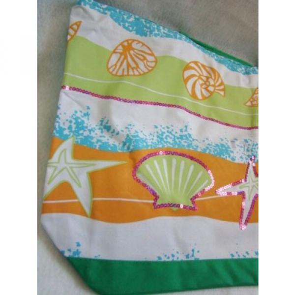 New Shells Print Green White Orange Green Light Blue Fabric Beach Bag Lg Tote #4 image