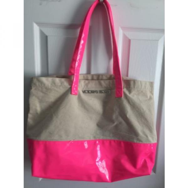 VICTORIA&#039;S SECRET Beach Shopper Tote Bag Purse PINK TAN CANVAS #1 image