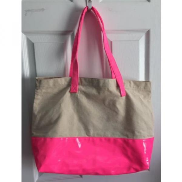 VICTORIA&#039;S SECRET Beach Shopper Tote Bag Purse PINK TAN CANVAS #3 image