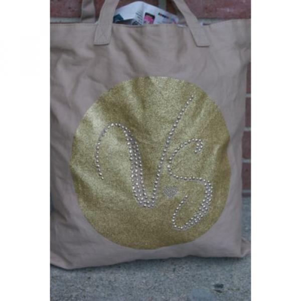 Victoria&#039;s Secret Beach Bag Canvas Tote Gold Shimmer w/ Studs RP $68 #3 image