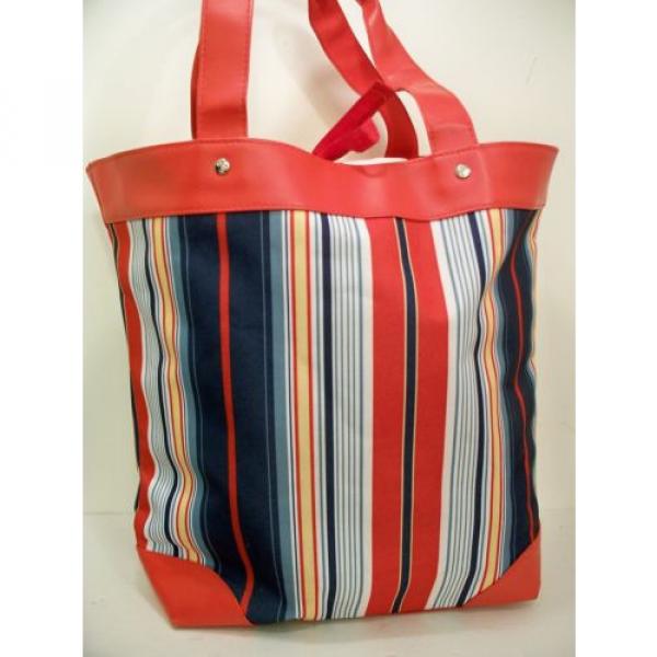 Red Striped Tote Bag Lined  Canvas Fabric Heavy Straps Travel Bag  Beach Shopper #1 image