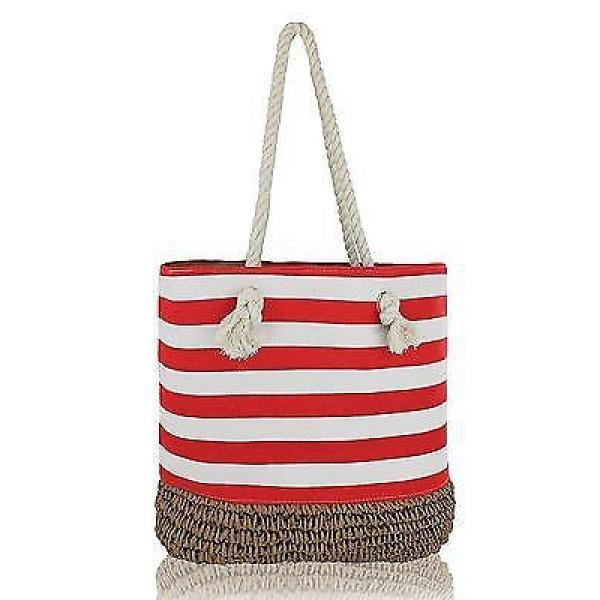 BRC Fashion Large Zippered &amp; Lined Canvas Striped Beach Bag - Paper Straw Cro... #1 image