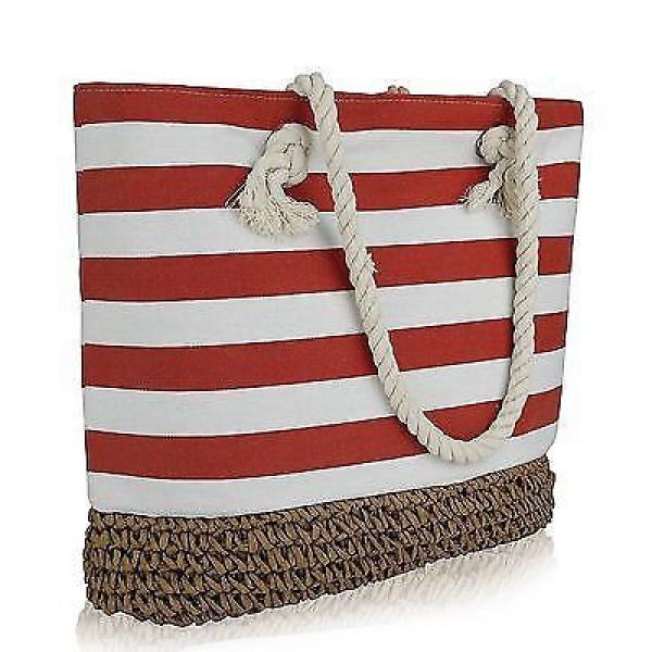 BRC Fashion Large Zippered &amp; Lined Canvas Striped Beach Bag - Paper Straw Cro... #2 image