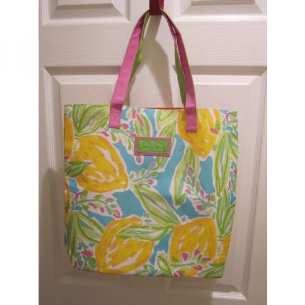 Lily Pulitzer Estee Lauder Beach Tote Bag w/ Handles Yellow Lemon Print Green #1 image