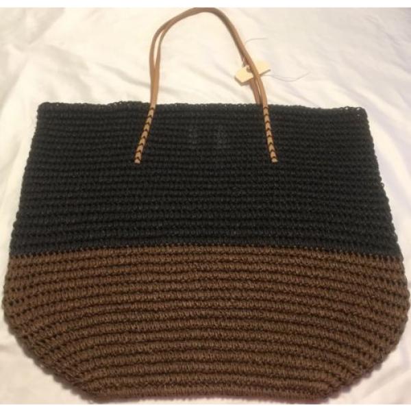 Merona Woven Beach Shopper Bag Tote Leather Straps Big 100% Paper NWT  Brown Blk #1 image