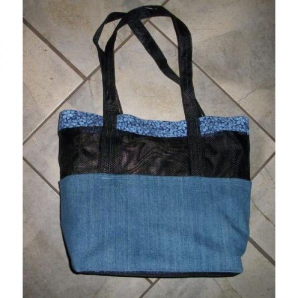 209  Blue Denim Mesh &amp; Floral Reusable Tote Beach Shopping Bag #1 image