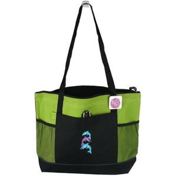 Tropical Dolphins Zippered Tote Bag Gemline Select Lime Beach Vacation Monogram #1 image