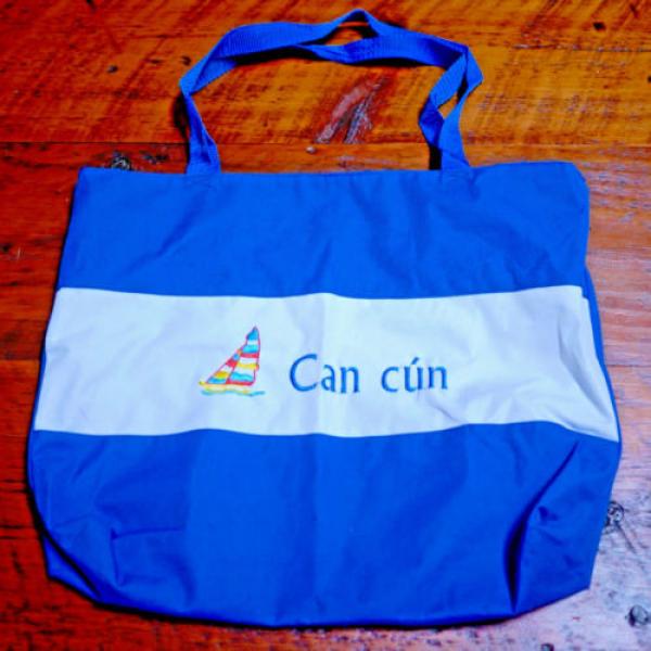 CANCUN Mexico Blue White Stripe Nylon Sailboat Beach Tote Grocery Eco Bag #1 image