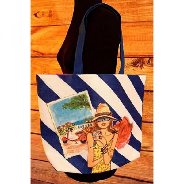 2014 Lancome Summer Tote Beach Bag Shopper Blue Striped Multicolor NWOT #1 image