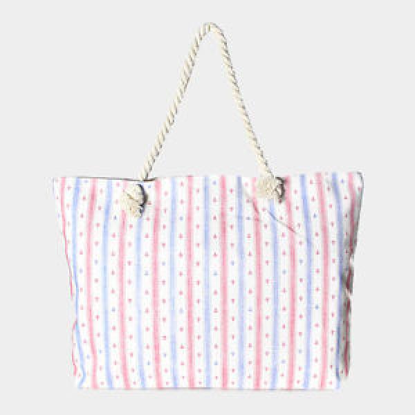 Designer Inspired Ivory Striped Anchor Print Linen Zip Beach Tote Bag 333213 #1 image